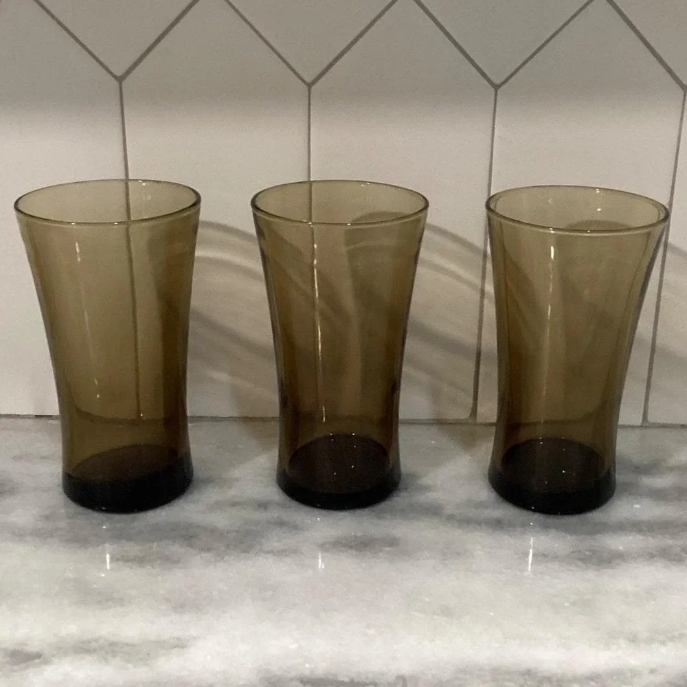 Anchor Hocking Linden Mocha Tumblers,‎ Set of 3, Vintage Tawny Brown Glasses